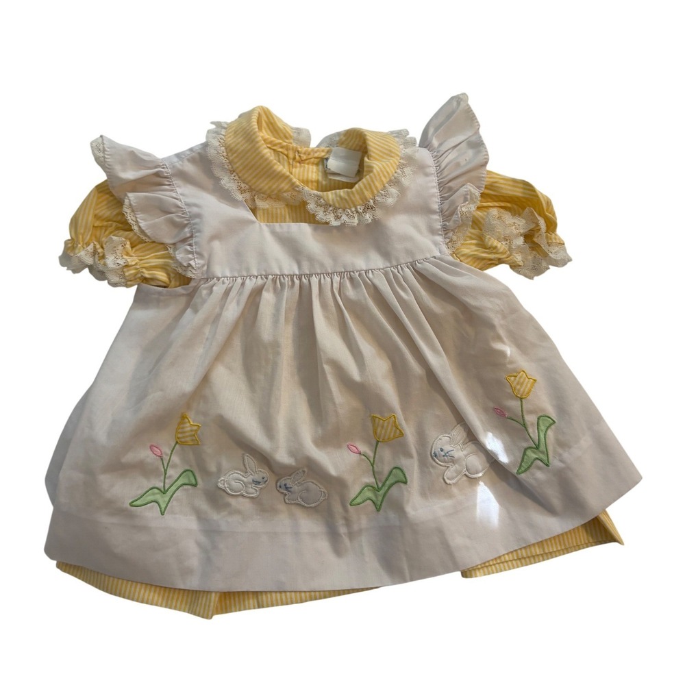 Nannette Dress Set Vintage Yellow Striped Bunny Embroidered Pinafore 18M Cottage
